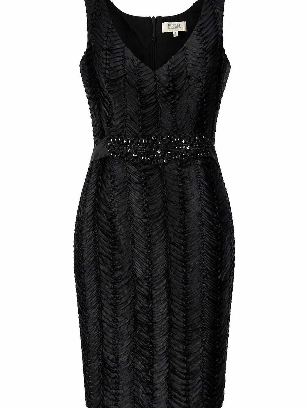 Badgley Mischka Black Beaded Ruched Midi Dress